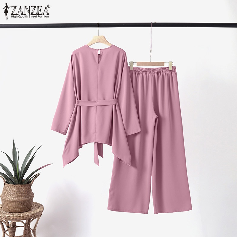 Zanzea Set Đồ Hồi Giáo Gồm Áo Tay Dài Cổ Tròn Và Quần Ống Rộng Có Túi Dành Cho Nữ