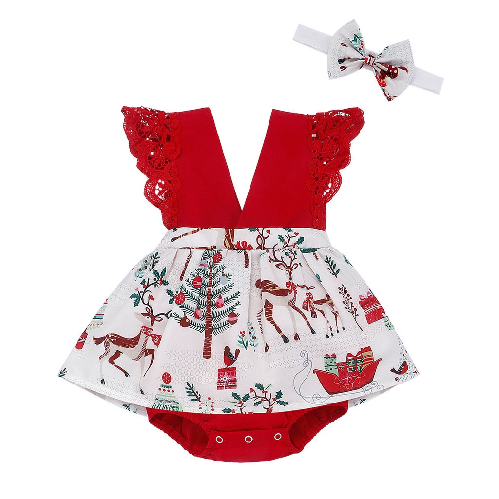 Bộ Áo Liền Quần + Đầm Cotton In Họa Tiết Giáng Sinh Thời Trang Cho Bé Gái Sơ Sinh