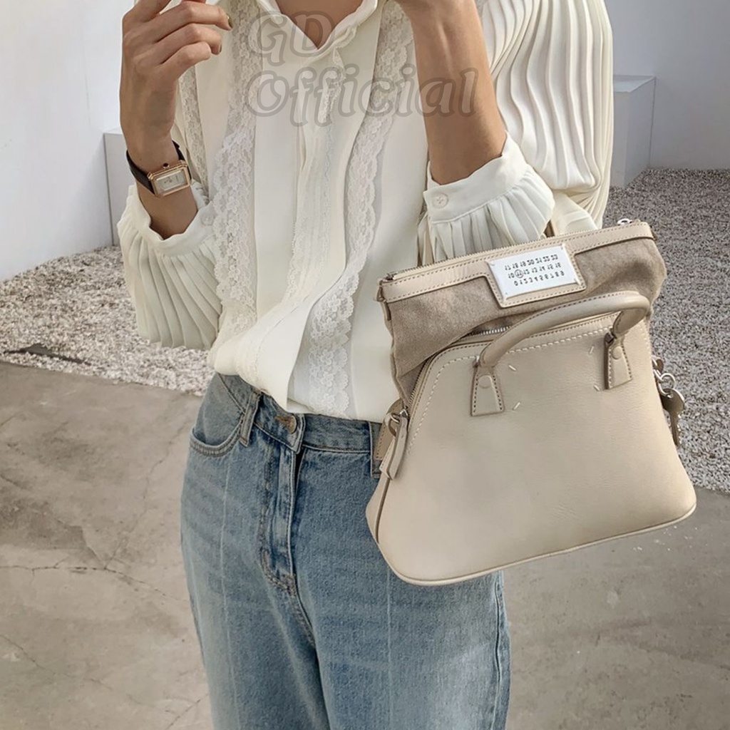 A63|Áo sơ mi công sở nữ dài cổ V tầng polo voan tay phồng suông rộng thụng trơn thanh lịch trắng basic GD Official