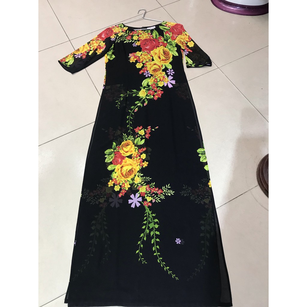 Áo dài voan chiffon đen hoa vàng cỡ XL, cỡ XXL, áo dài cỡ lớn bigsize cho người trung tuổi và người mập