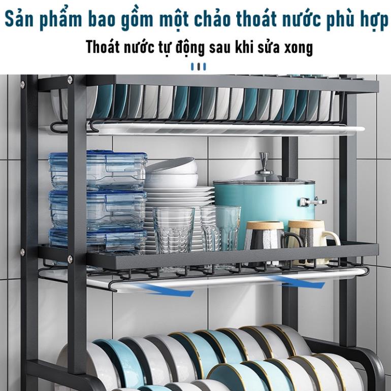 Giá để bát đĩa 3 tầng kèm 3 khay hứng nước, kệ chén để đồ nhà bếp đa năng