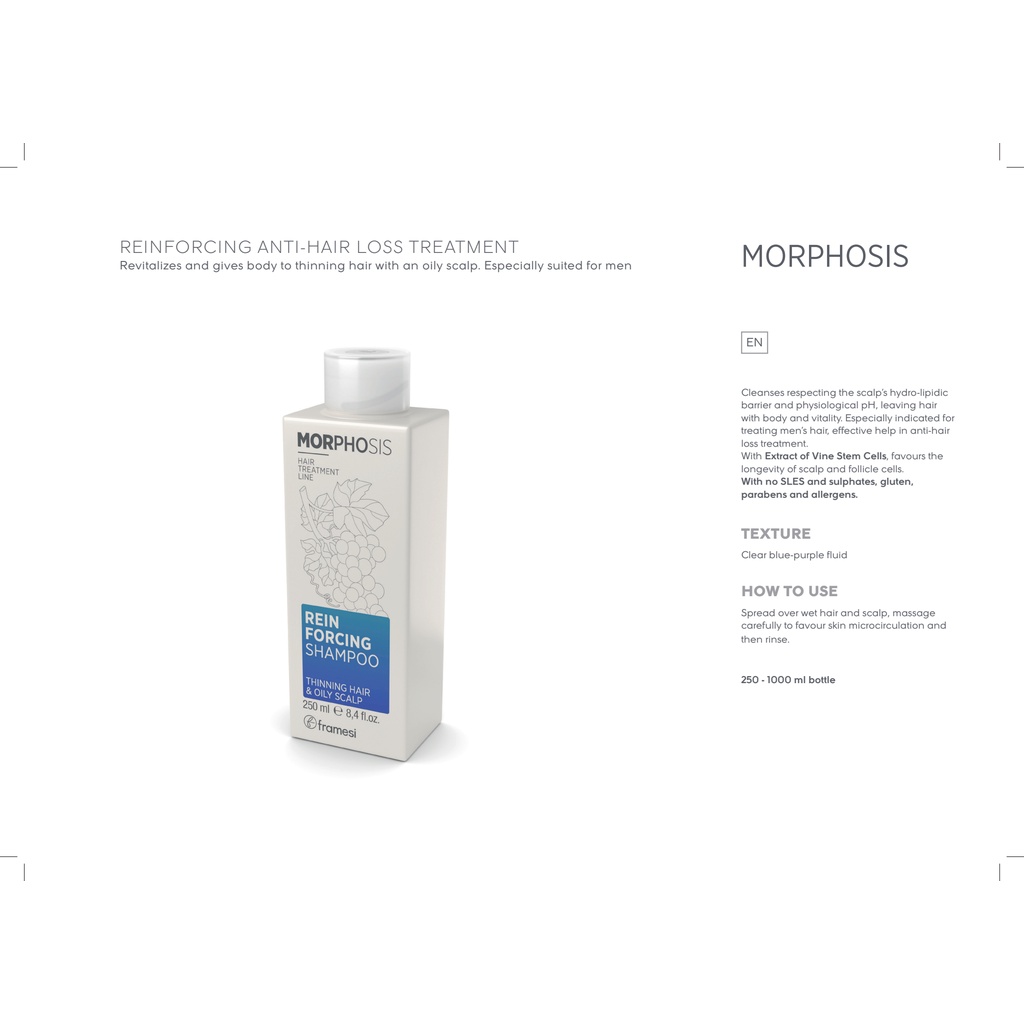 Dầu gội Framesi tăng độ dày ngăn rụng ngứa chống mỏng tóc cho nam da đầu dầu Morphosis Reinforcing Shampoo 250ml 1000ml