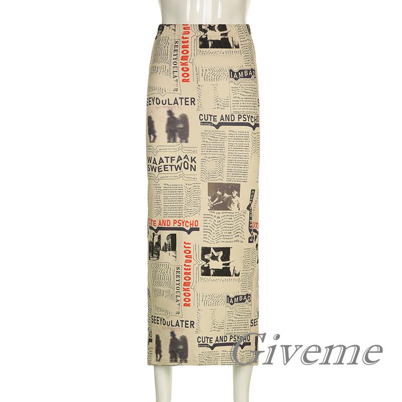 Chân Váy Dài Tới Mắt Cá Chân In Họa Tiết Tờ Báo Lưng Cao Co Giãn Thời Trang Đường Phố Cho Nữ