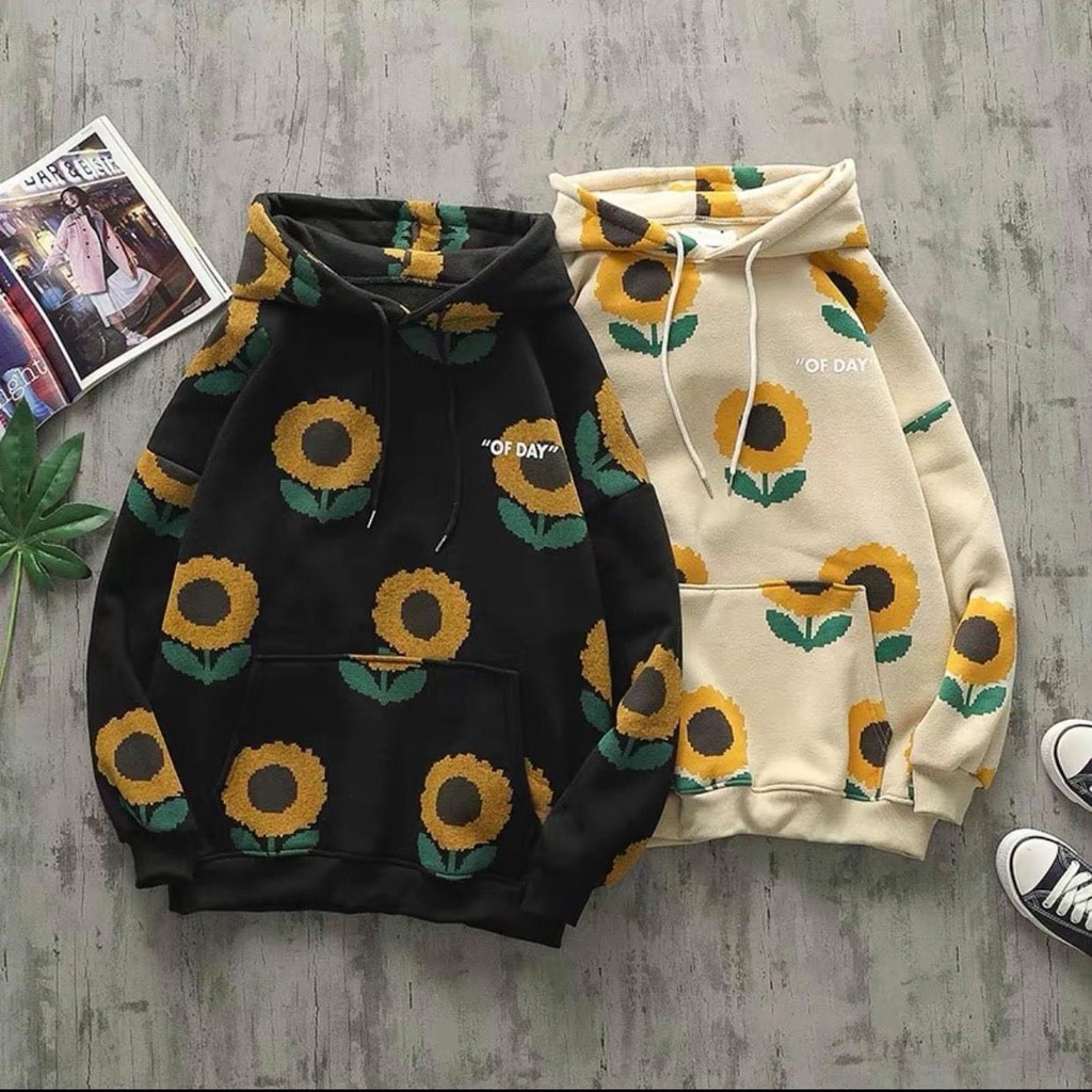 Áo hoodie nam nữ hoa cúc hàng độc 2 màu be, đen cực đẹp