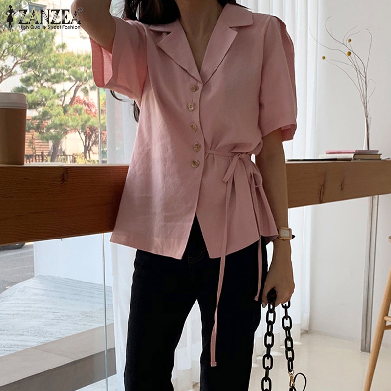 Áo kiểu Zanzea tay ngắn cổ bẻ thắt nơ eo phong cách Hàn Quốc thời trang cho nữ