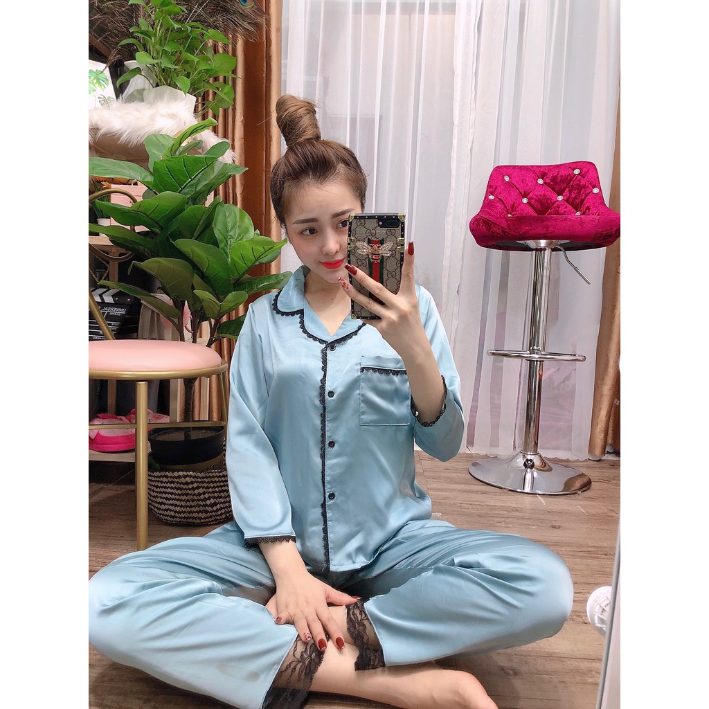 Bộ đồ ngủ, đồ bộ Pijama lụa nữ mặc nhà bộ ngủ lụa satin tay dài quần dài phối ren viền