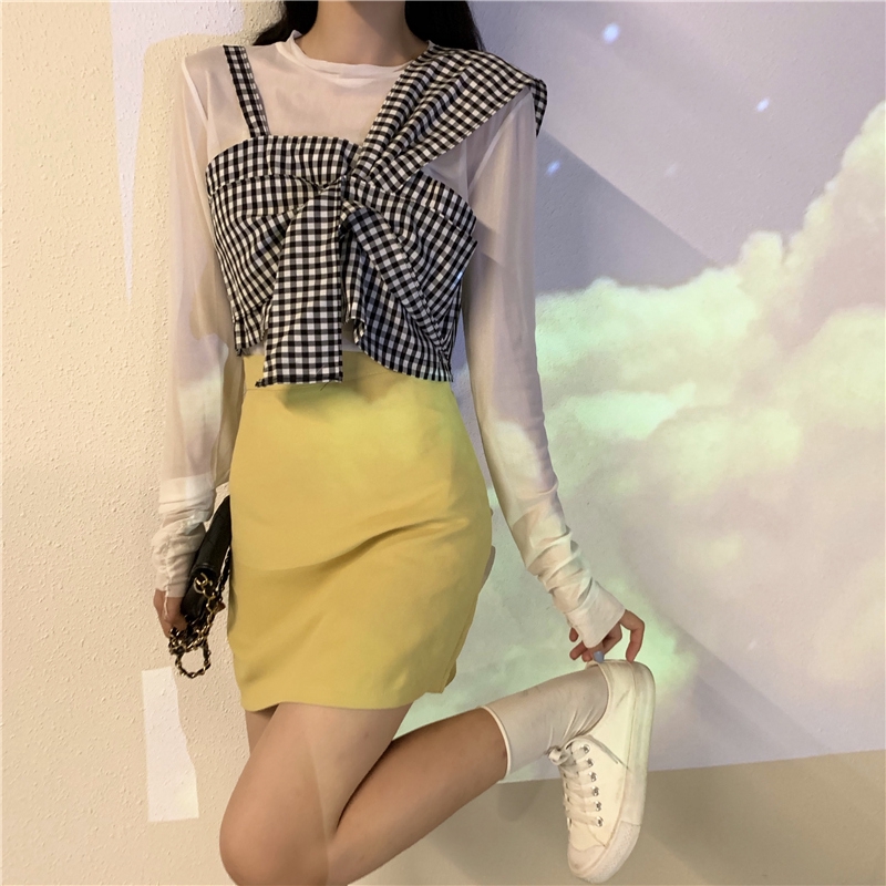 SUXI Korean Fashionable Mesh Long Sleeve Shirt + Plaid Shirt