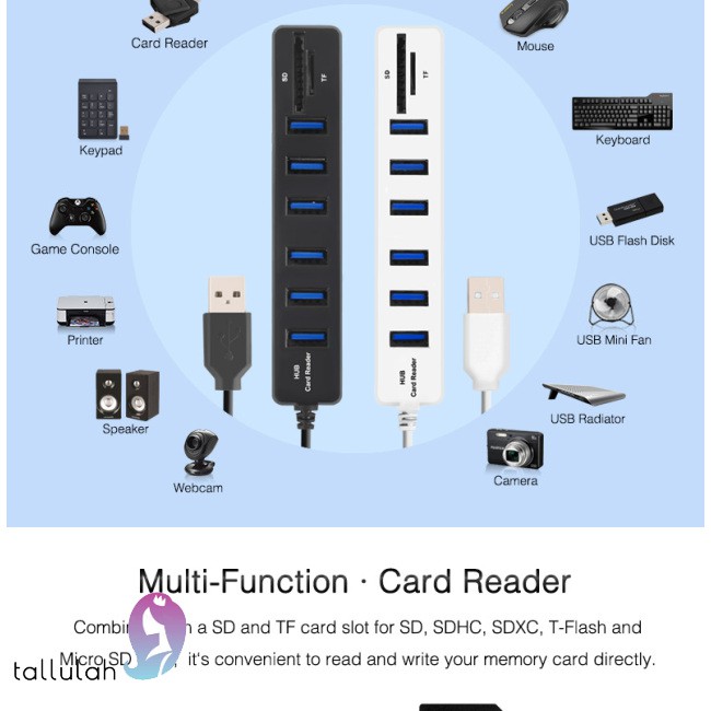 6-Port USB 2.0 Data Hub 2 In 1 SD/TF Multi USB Combo with 3ft Cable for Mac, PC, USB Flash Drives And Other Devices