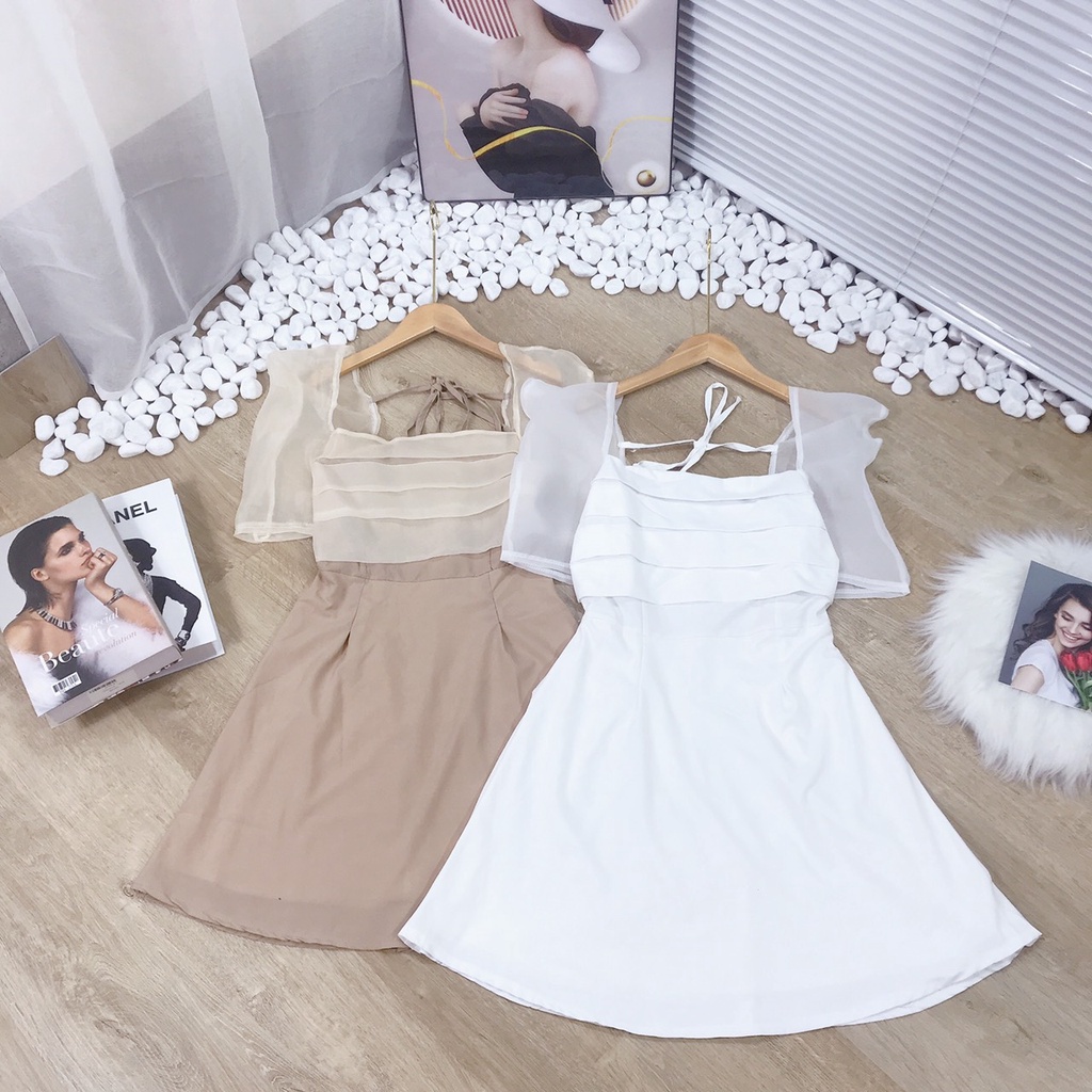 Váy dáng dài tay bồng  - Váy cổ vuông xếp ly bèo ngực dáng Babydoll nhẹ nhàng dễ thương để dự tiệc sam_sam_shop_1011