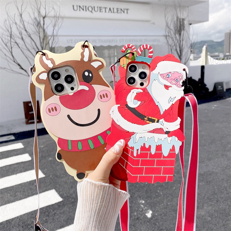 Ốp điện thoại có dây đeo chéo họa tiết ông già noel cho iPhone 13 Pro Max 12 Mini 11 X XR XS 6 7 8 Plus SE 2