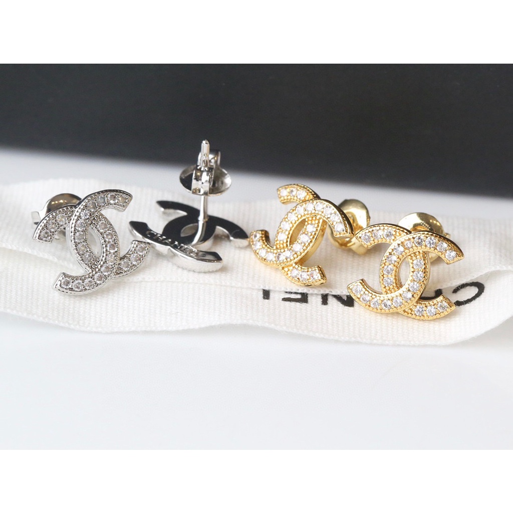 CH Khuyên Tai Hình Chữ C Kép Đính Kim Cương Mạ Bạc 925 Thời Trang Dành Cho Bạn Nữ