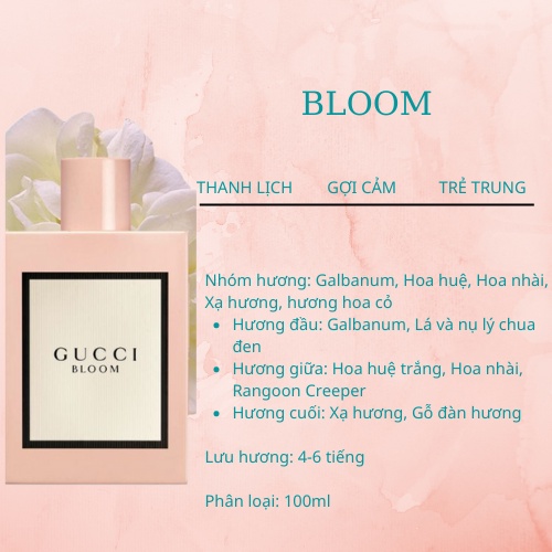 Nước hoa nữ cao cấp Bloom EDT 100ml- Hương thơm nữ tính quyến rũ ngọt ngào, lưu hương lâu- Chisman