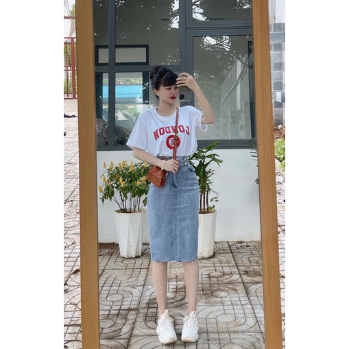 chân váy jean ( bò ) dáng dài co giãn tốt, lưng ( cạp ) siêu cao ( hình thật 100% )