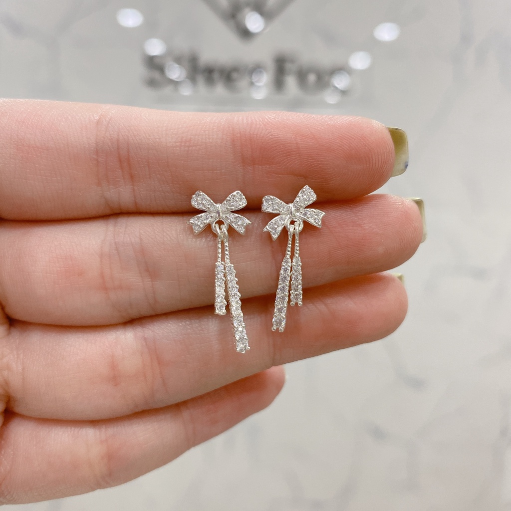 Khuyên Tai Bạc Ta Nữ CaoBac Silver Hình Nơ Sợi Đá Dài Đá Ngắn Đính Đá Lấp Lánh Xinh Xắn, Dễ Thương Món Quà Cho Bạn Nữ