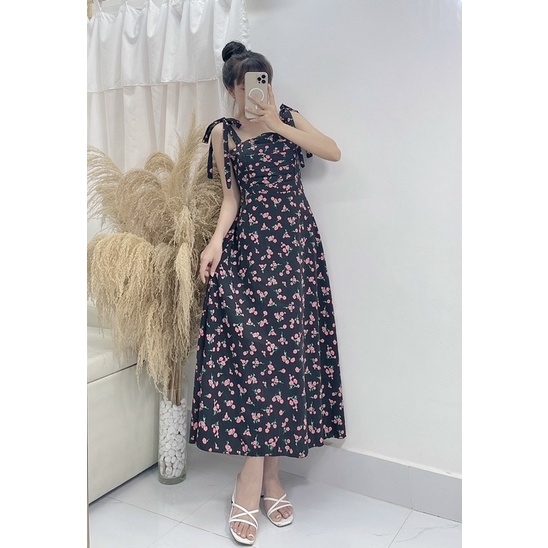 Đầm Maxi hoa 2 dây dáng dài ulzzang váy 2 dây xếp ngực ( sẵn mút) lụa mềm