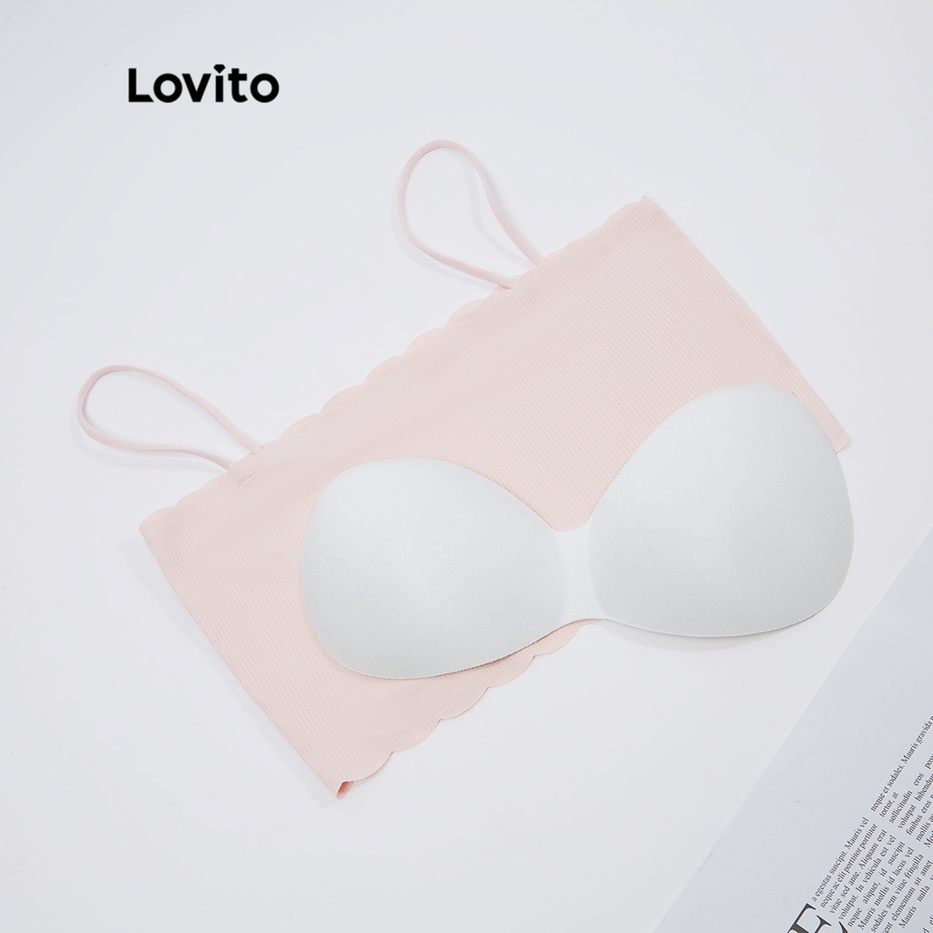 Áo ngực Lovito màu trơn hở vai phối cổ xếp nếp có miếng đệm ngực tháo ra được L18X182 (Màu hồng nhạt/ Đen)