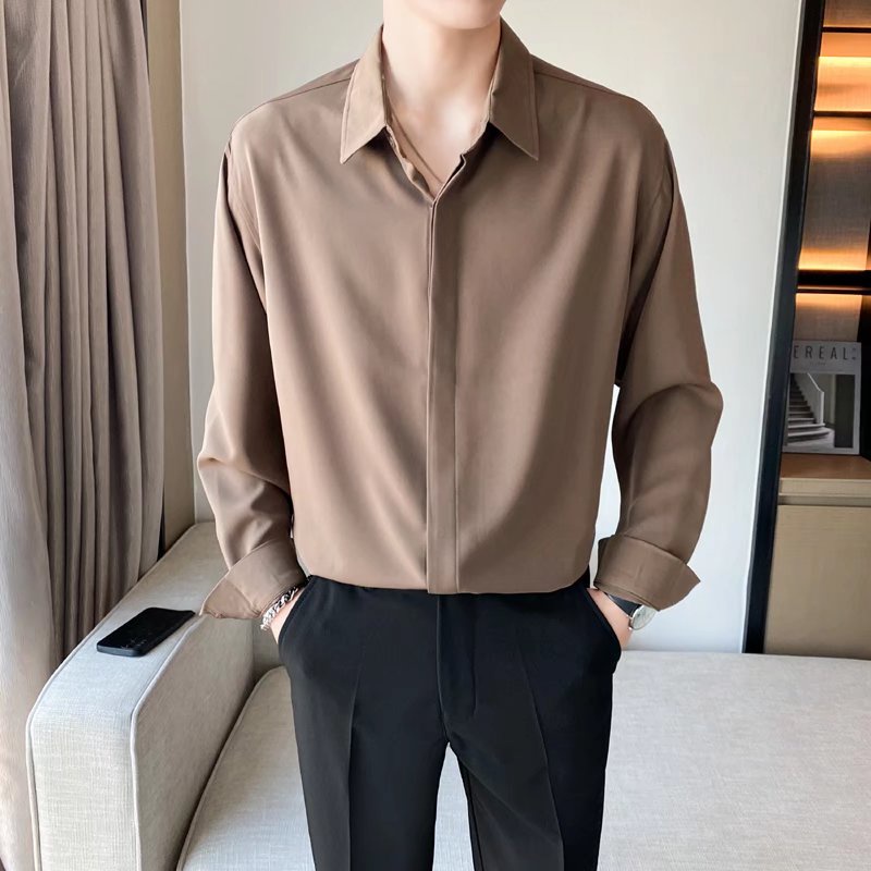 Korean Fashion New Arrival High Quality Simple Loose Long Sleeve Shirt Loose Color For Men