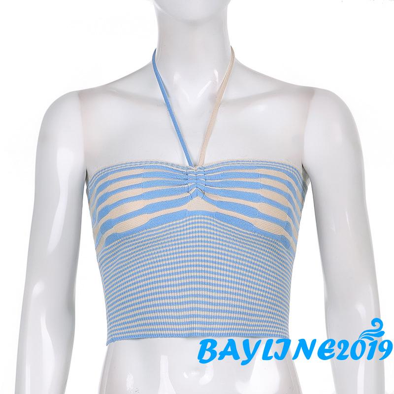 Bay-Women´s Halterneck Tank Tops, Sleeveless Stripe Printed Slim Fit Summer Knitted Tanks, One Size