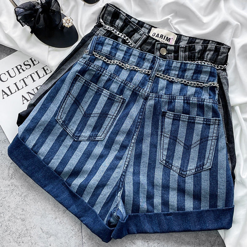 Quần short jean dáng chữ A xếp nếp họa tiết kẻ sọc lưng cao thời trang 2022