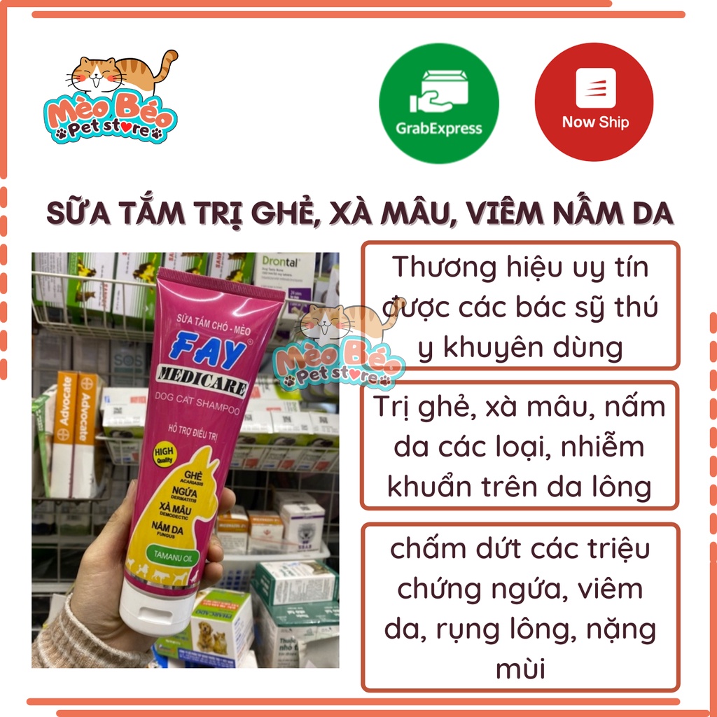 Sữa tắm chó mèo FAY MEDICARE hết ghẻ ngứa, xà mâu, nấm da vảy gàu rụng lông - 285ml
