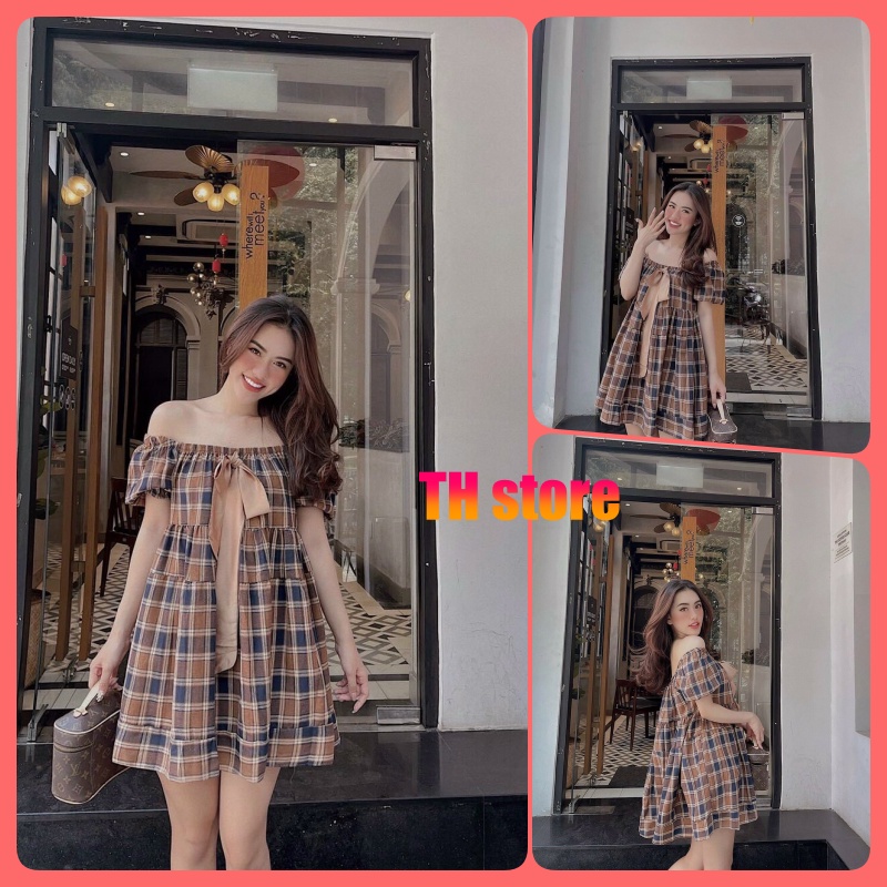 Váy Babydoll caro trễ vai, Đầm trễ vai cổ vuông dáng xòe Ulzzang | BigBuy360 - bigbuy360.vn