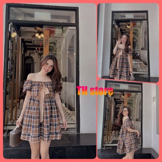 Váy Babydoll caro trễ vai, Đầm trễ vai cổ vuông dáng xòe Ulzzang