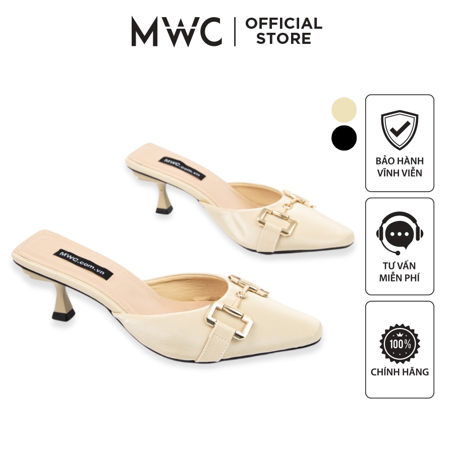 Giày Sục MWC 4180 - Sục Cao Gót Nhọn 4cm Phối Khóa Thanh Lịch Màu Đen Kem