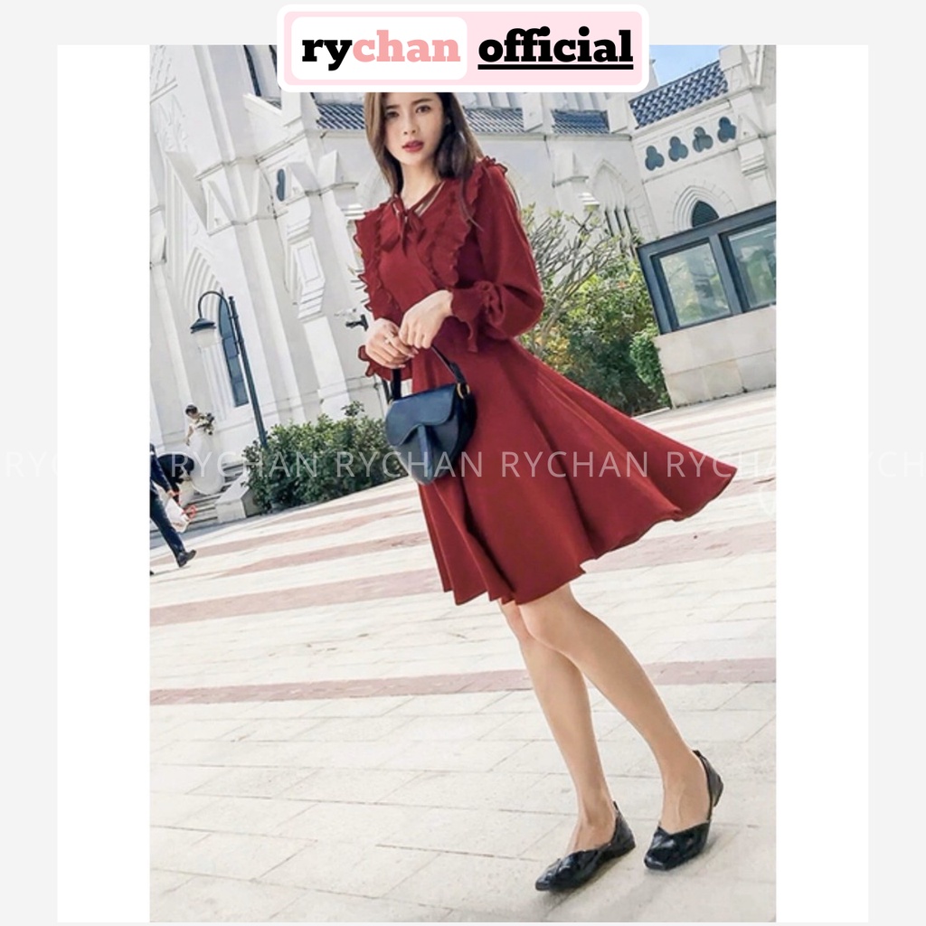 Đầm Xòe Đỏ Rượu Nơ Cổ Tay Dài - DX943