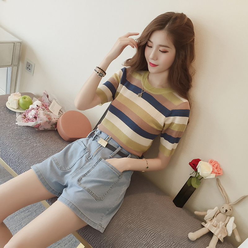 Áo Thun Lụa Lạnh Dệt Kim Họa Tiết Kẻ Sọc Nhiều Màu Sắc Thời Trang Mùa Hè