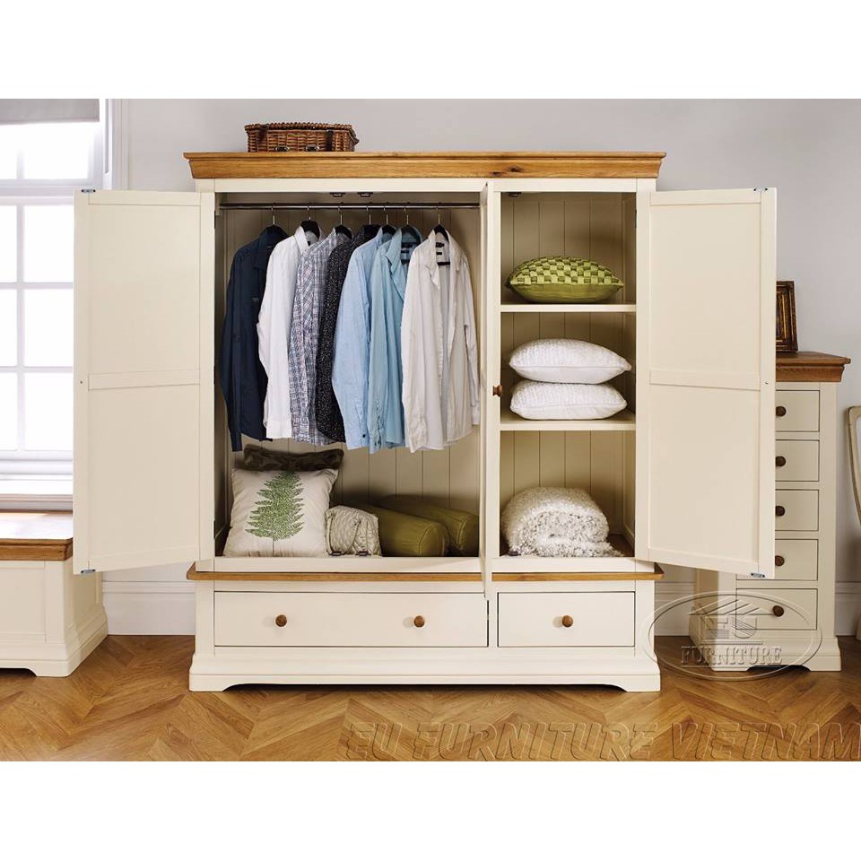Tủ Ao Gỗ Sồi Sơn Trắng 3 Canh 2 Hộc Chermery Gia Cạnh Tranh