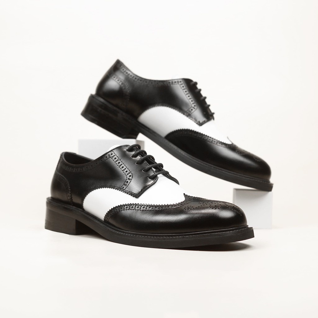 Giày tây nam Derby Wingtip phối màu trắng đen trang trọng, đế khâu chắc chắn, kiểu dáng thời trang