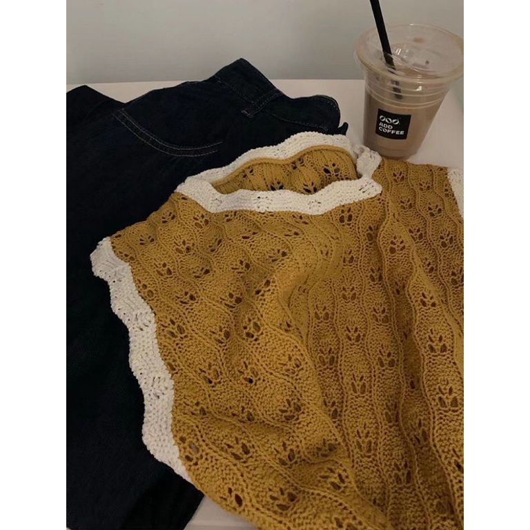 Áo Dệt Kim Sát Nách Dáng Rộng Phối Ren Màu Khối Thời Trang Mới Cho Nữ