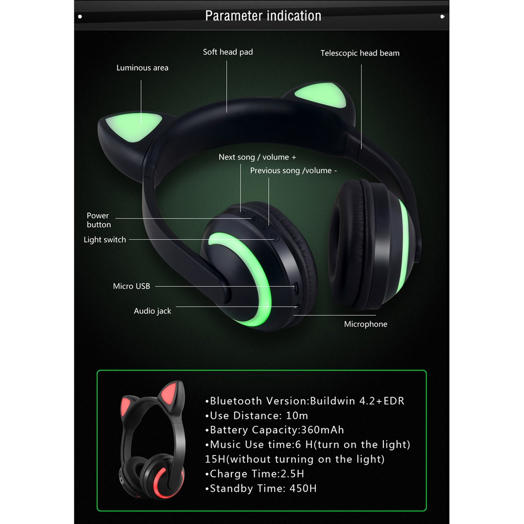 Bộ tai nghe bluetooth hình tai mèo phát sáng cho chơi game 7 màu | BigBuy360 - bigbuy360.vn