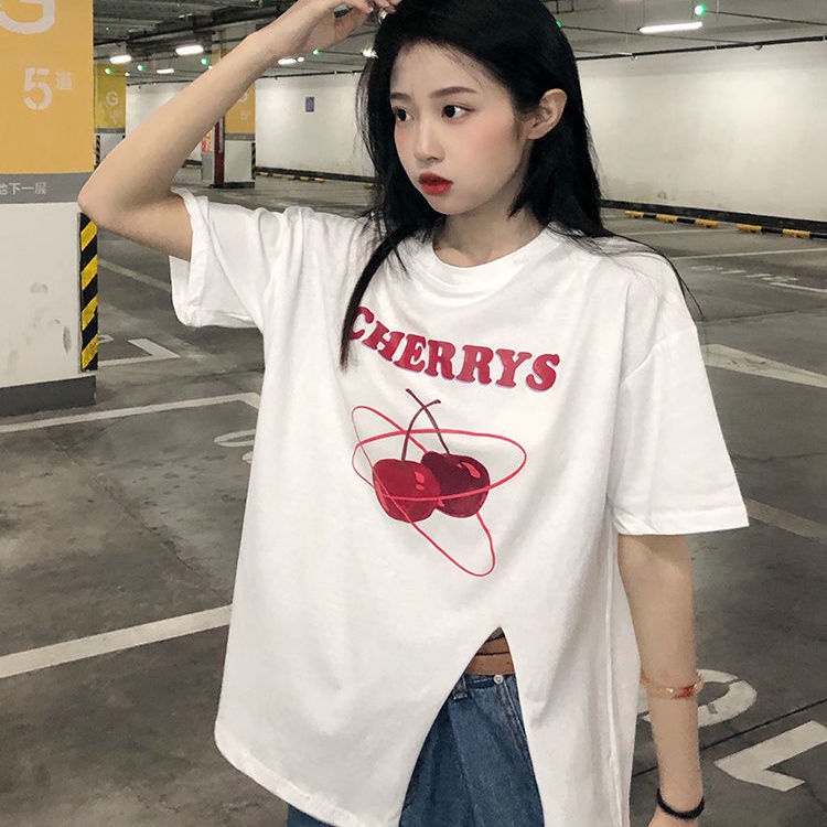 Áo thun tay ngắn dáng rộng xẻ tà thời trang mùa hè hàn quốc cho nữ áo phông nữ