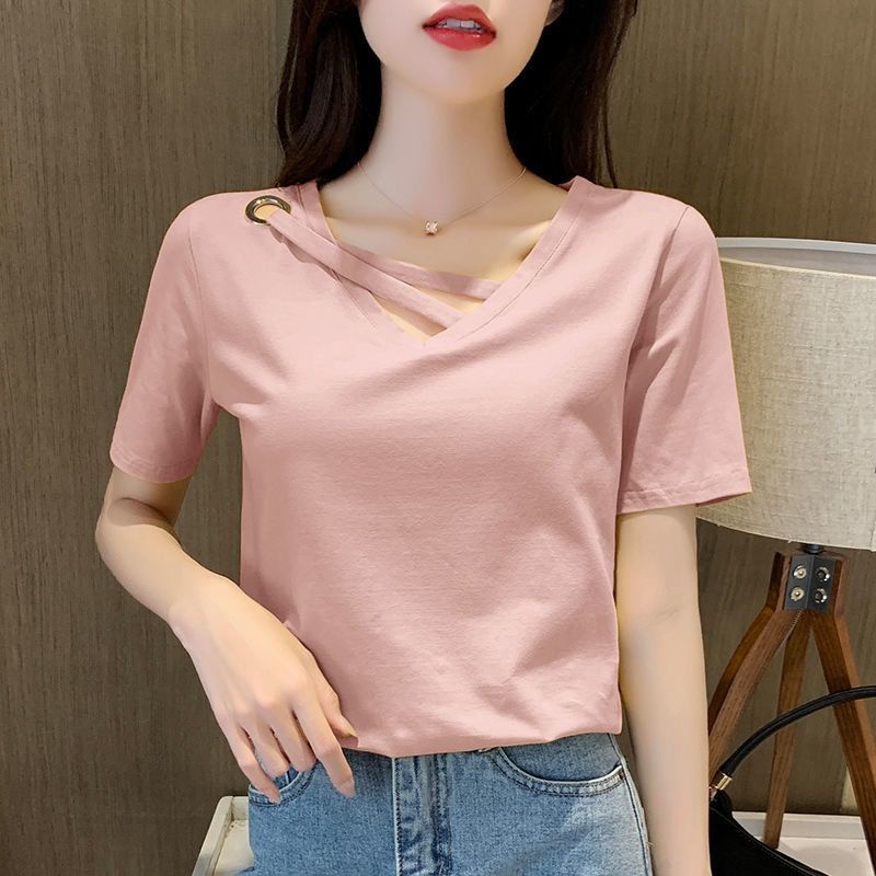 Áo Thun Cotton Tay Ngắn Cổ Chữ V Màu Sắc Đơn Giản Phong Cách Hàn Quốc Cho Nữ