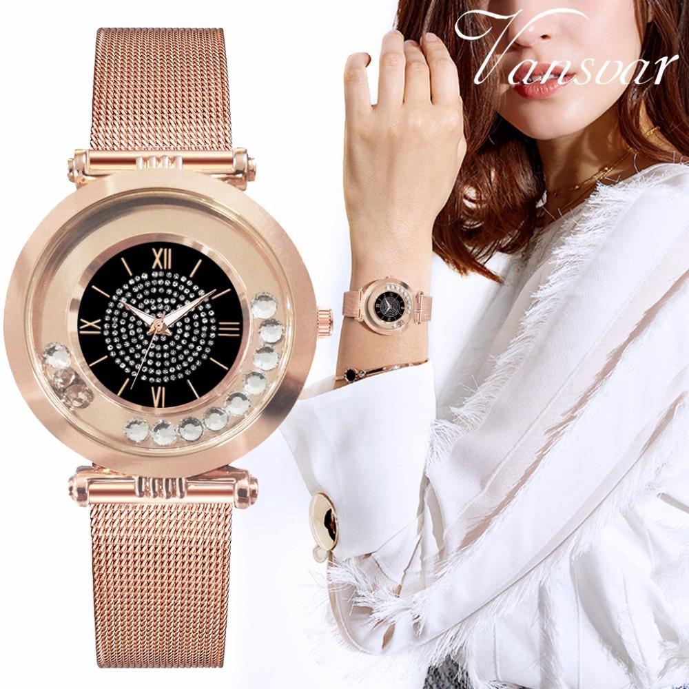 Đồng hồ đeo tay nữ mặt kim mạ vàng hồng đính đá dây đeo thép không gỉ