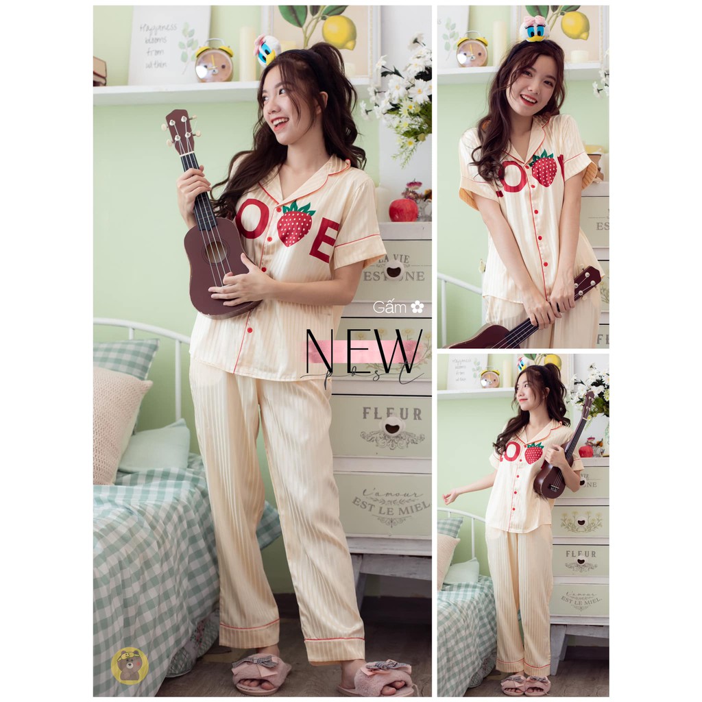 [ Gấm Loại 1] Bộ Đồ Ngủ Nữ Gấm Thời Trang Love-Dâu,Hàng May  Kĩ Mềm Mại-Mát Tay-Không Nhăn | BigBuy360 - bigbuy360.vn