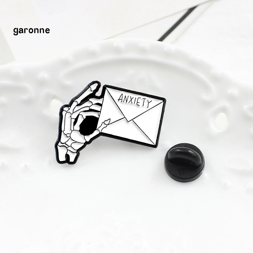GA_ANXIETY Letter Skeleton Hand Enamel Brooch Pin Men Women Jeans Jacket Jewelry
