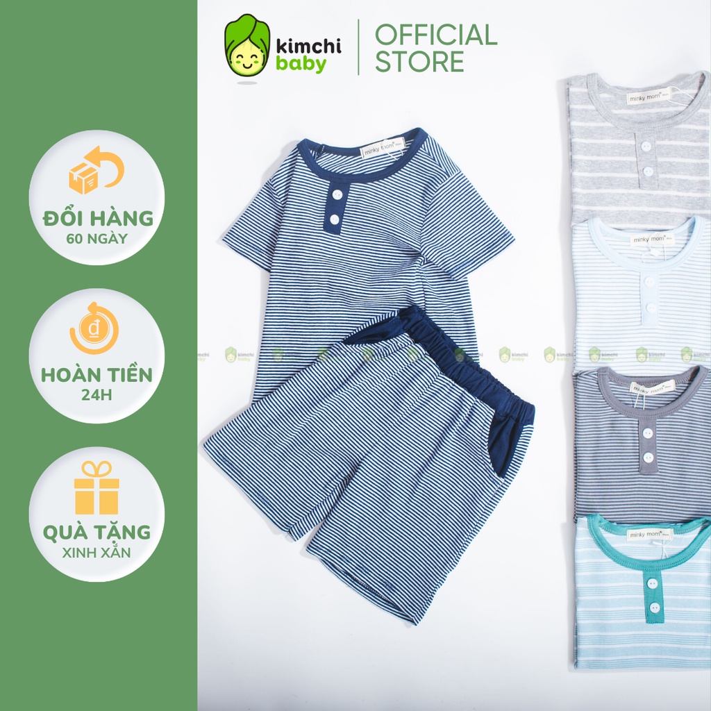 Đồ Bộ Bé Trai, Bé Gái Minky Mom Vải Cotton Bozip Kẻ Ngang 2 Cúc Cổ, Bộ Cộc Tay Mặc Nhà Cho Bé MKM2228