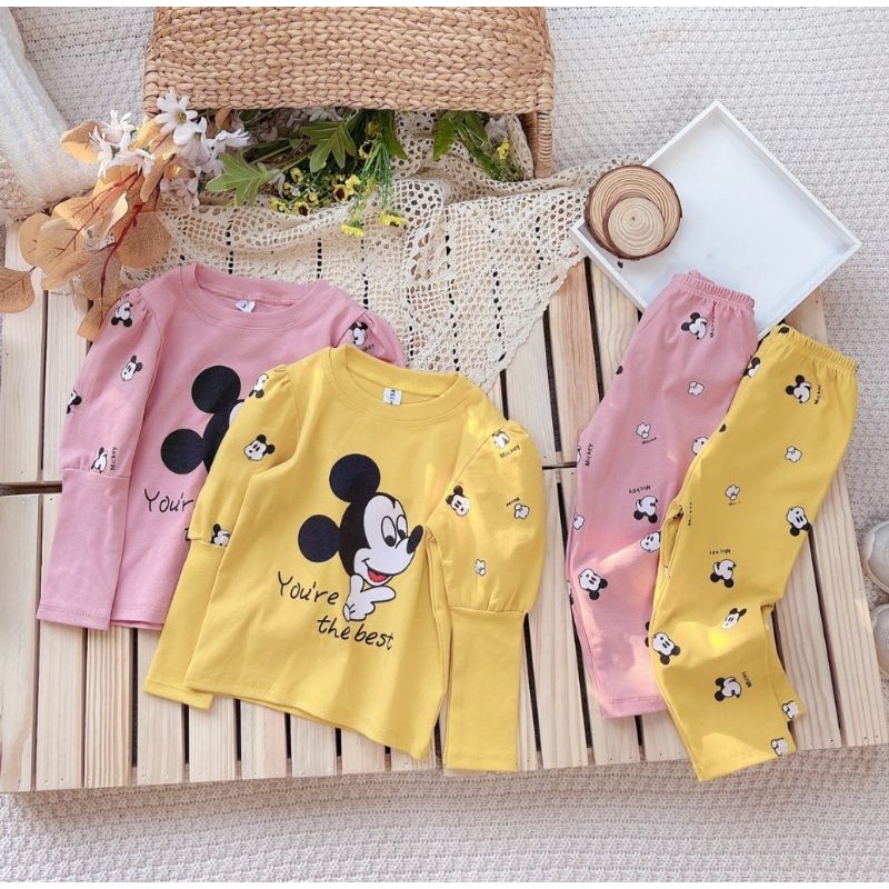 Bộ bé gái thu đông tay bồng chất cotton co dãn mịn đẹp in micky