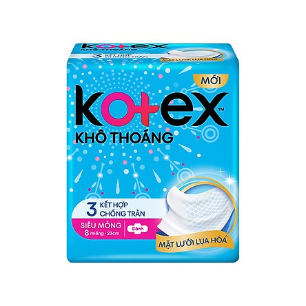 Băng vệ sinh Kotex khô thoáng - 3 kết hợp chống tràn - siêu mỏng - có cánh gói 8 miếng - 23cm