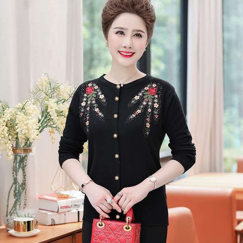 áo khoác len cardigan trung niên nữ cho bà cho mẹ_ áo len dệt kim thêu hoa cao cấp