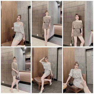 Đầm body nhún eo lệch vai họa tiết chữ kiểu(CÓ VIDEO THẬT)