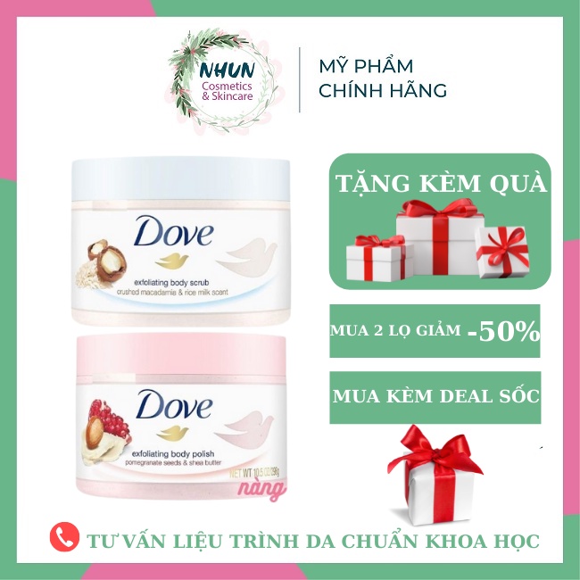 Tẩy tế bào chết Body Dove chính hãng giúp chăm sóc da chiết xuất bơ hạt mỡ và hạt lựu