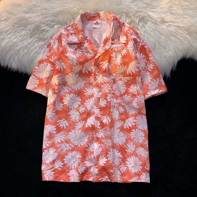 Áo Sơ Mi Đen Tay Ngắn Dáng Rộng In Họa Tiết Hoa Cúc Phong Cách Hàn Quốc Thời Trang Mùa Hè Cho Nam 2022