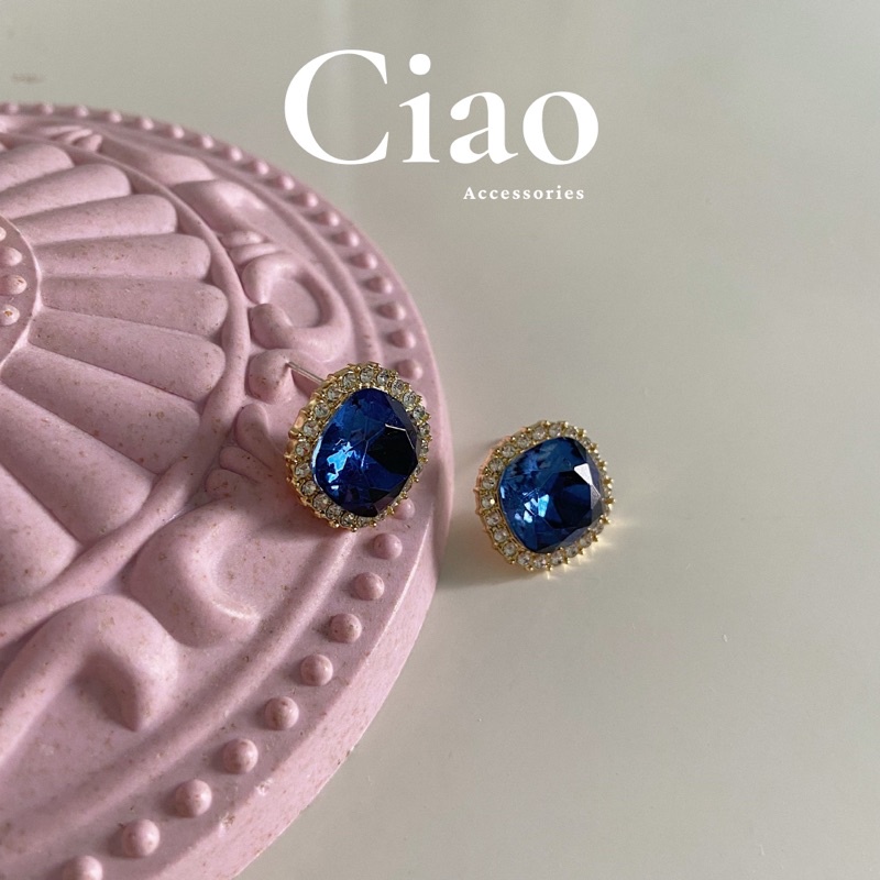 [HỎA TỐC 1H] Khuyên tai/ Bông tai mạ bạc S925 thiết kế đính đá xanh sang trọng Blue Ciao
