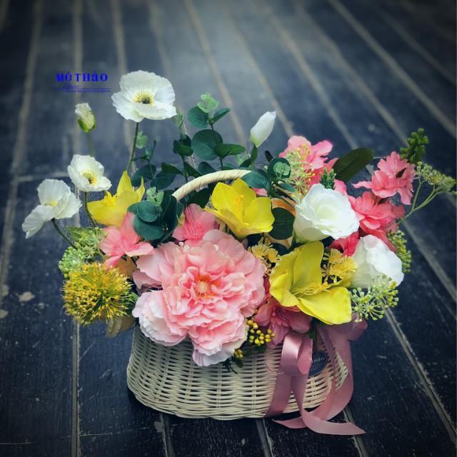 [Ảnh shop chụp] Giỏ Hoa Giả Lụa Cao Cấp Màu Hồng Cam Phong Cách Hàn Quốc, Làm Quà Tặng, Trang Trí Decor Nhà