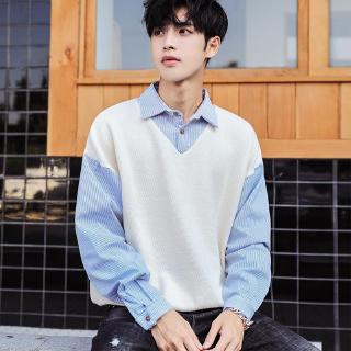 Áo Len Dài Tay Cổ Chữ v Giả Hai Lớp Thời Trang Thu Đông Hàn Quốc Cho Nam
