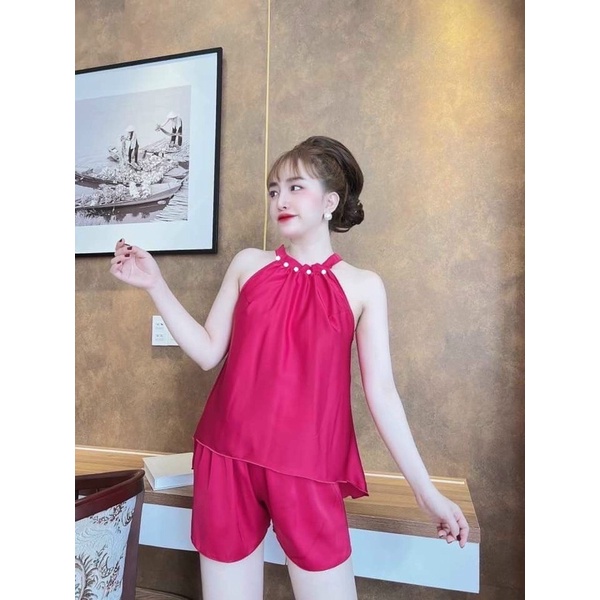 Bộ Ngủ Sexy- Yếm Ngủ Satin Đính Hạt Form 40-55kg
