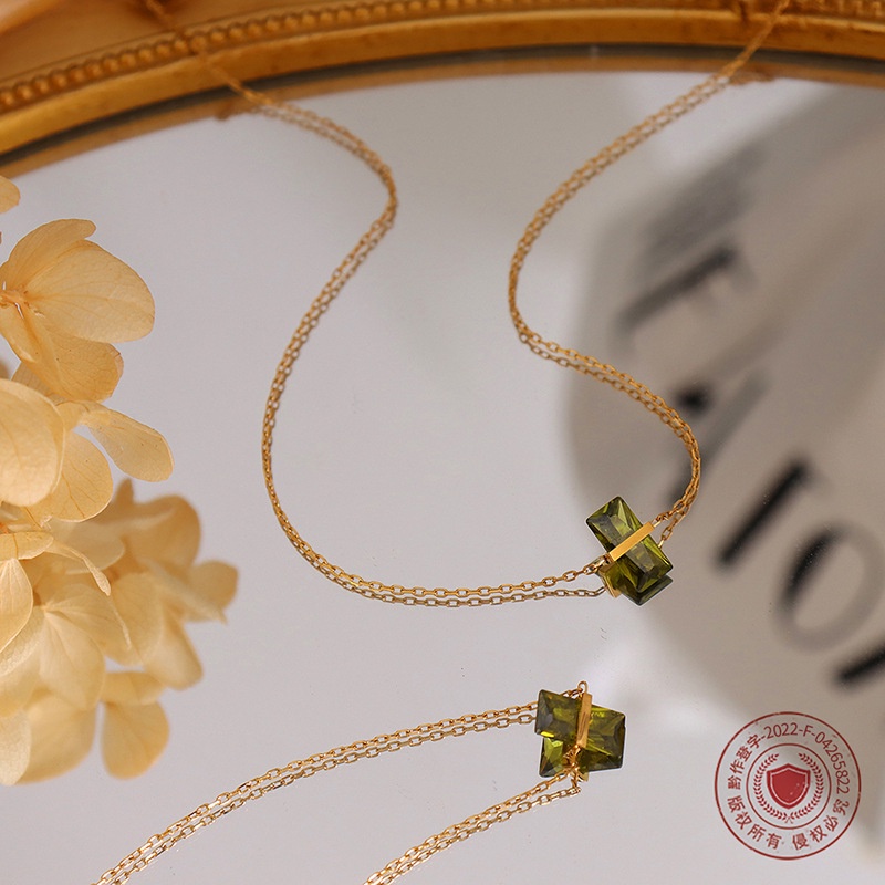 Dây Chuyền Thép Titan Mặt Hình Học Đính Đá Zircon Màu Xanh Lá Độc Đáo Phong Cách Pháp Cho Nữ